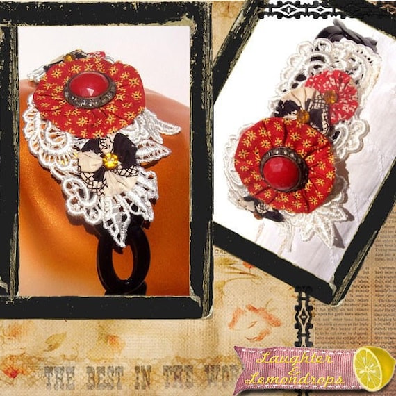 RESERVED Vintage Inspired Red Yo Yo and Crocheted Lace Headband