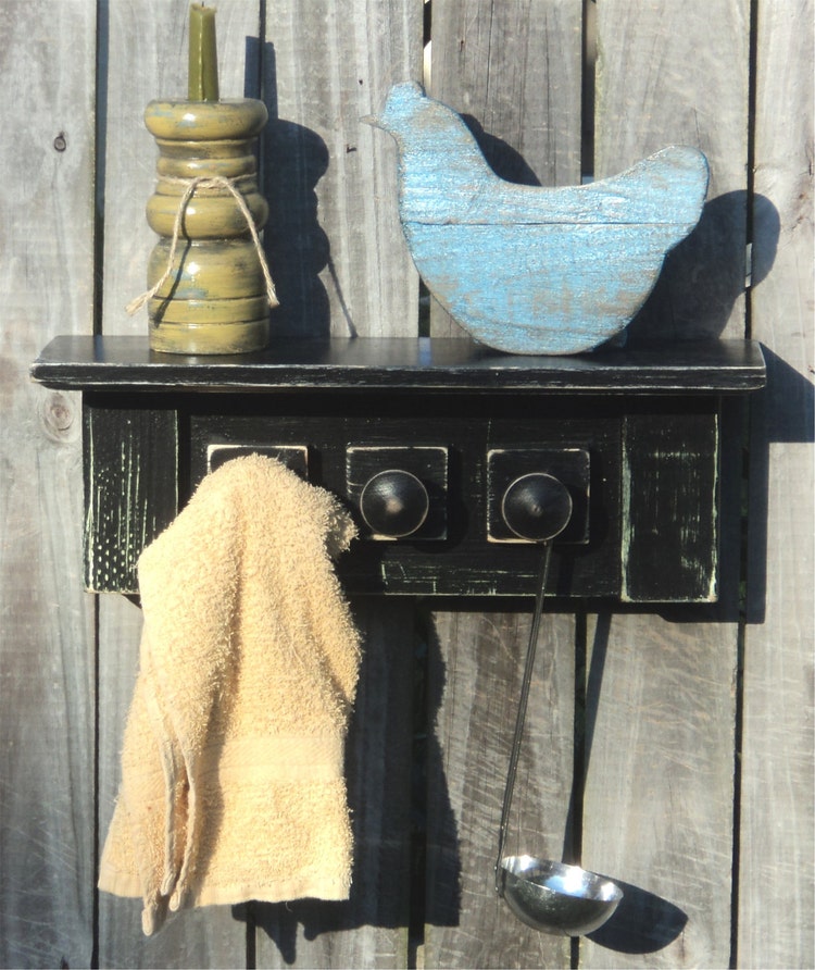 Primitive Country Kitchen Shelf Towel Rack by