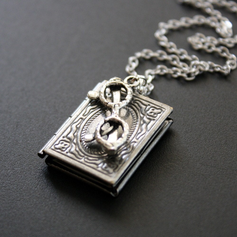 Book Locket Necklace Antique Silver Book Worm Pendant Necklace