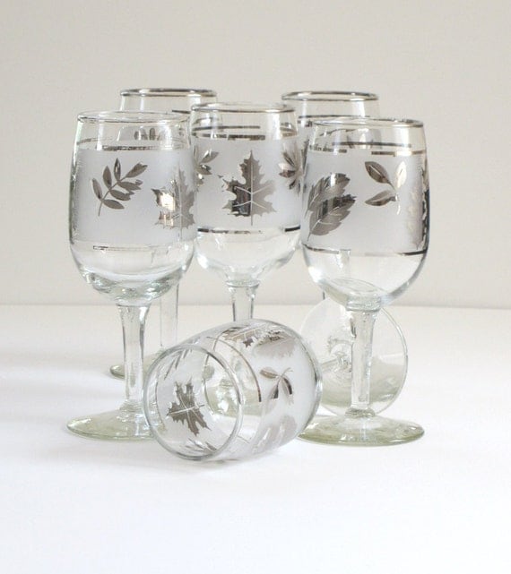 6 Libbey Silver Leaf Frosted Wine Glasses Mid Century Bar