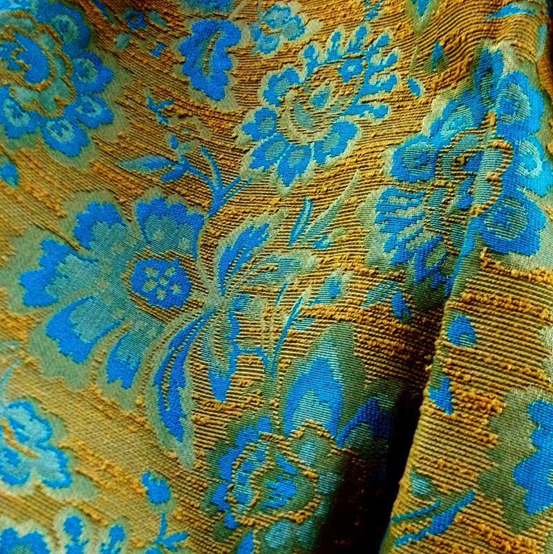 Vintage Upholstery Fabric Turquoise and Gold Irregular Shape