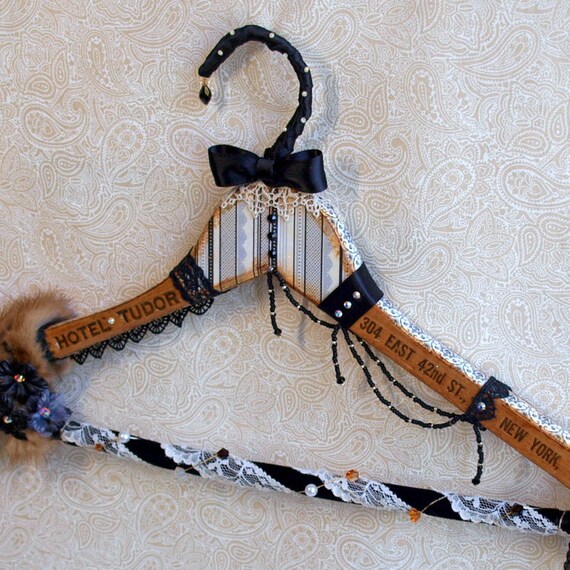 Altered Art Coat Hanger Black and White Mixed Media Decoupaged