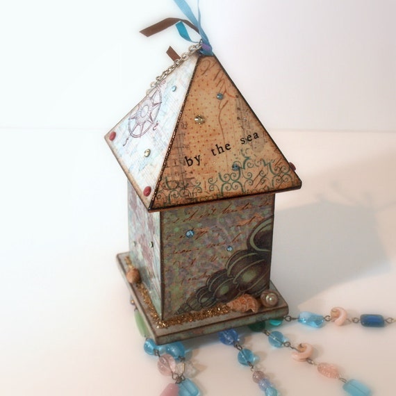 Birdhouse Suncatcher Beach Theme Beaded Mixed Media Bohemian