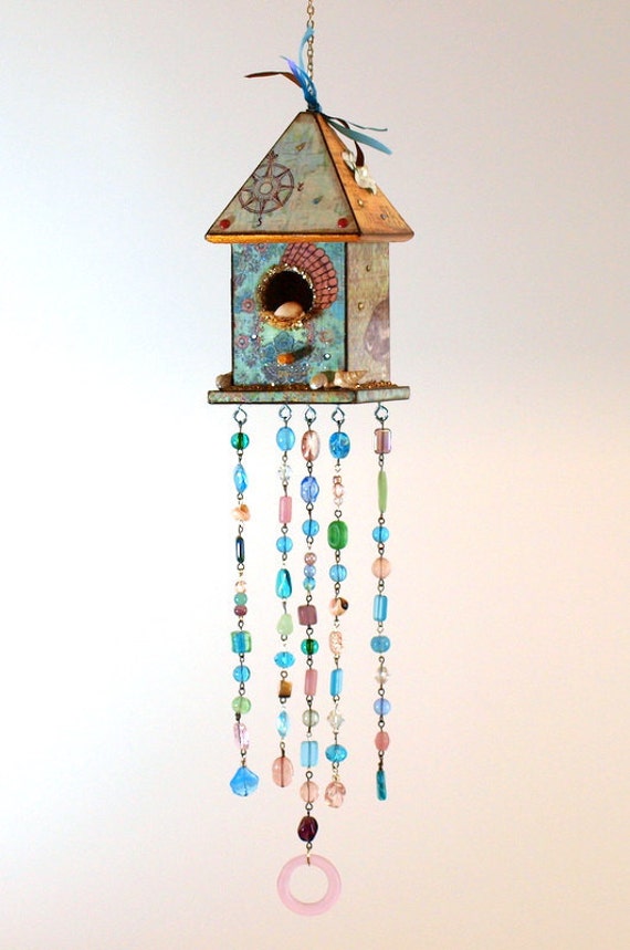 Birdhouse Suncatcher Beach Theme Beaded Mixed Media Bohemian