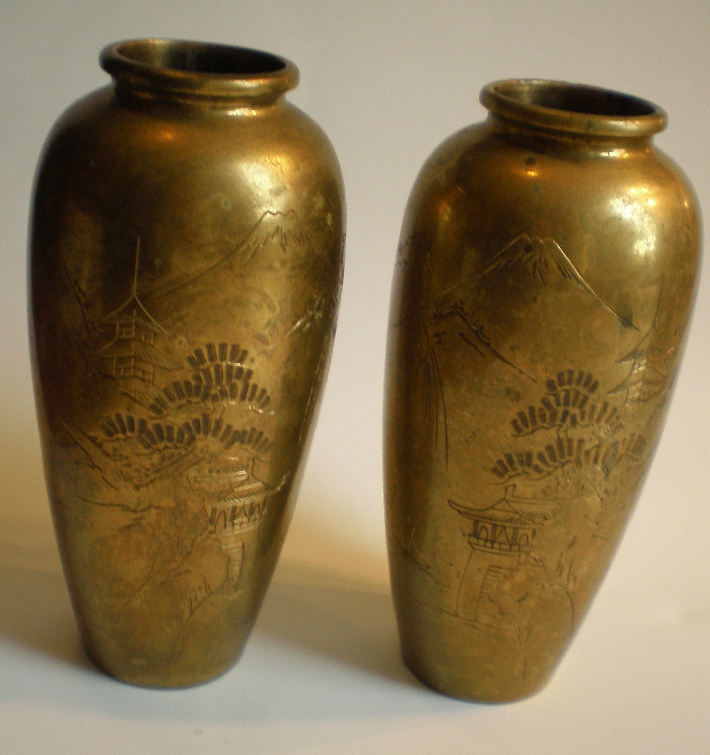 Beautiful Matching Etched Pair of JAPANESE Brass Vases from