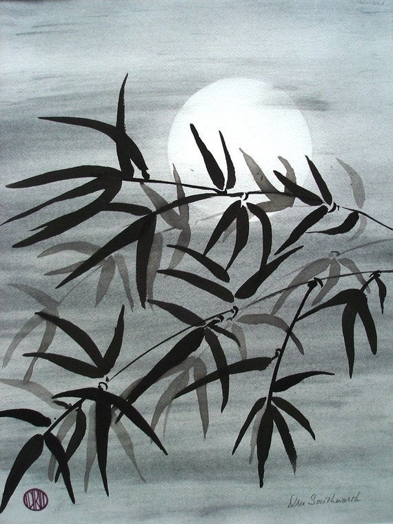 Matted and Framed Ink Wash Painting Bamboo in the Moonlight