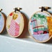 RESERVED-Crazy Patchwork Collages in 3 inch Hoops, Mixed Contemporary Prints, Pink, Yellow, Purple, Green. Set of 3. Wall Art.