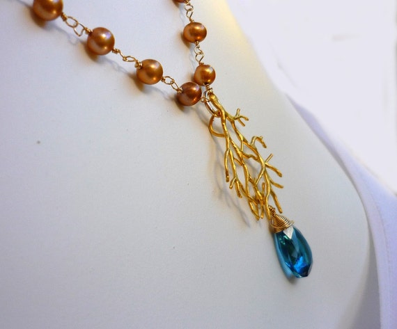 Necklace unique feminine bronze copper Freshwater pearl and