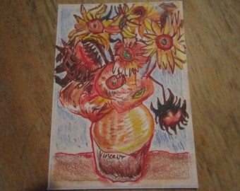 Mini Masterpiece,- ACEO art trading card - Original artwork, Van Gogh, Sunflowers (not a print)