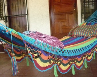 Hammocks, Beautiful Turquoise Double Hammock hand-woven Natural Cotton Special Fringe