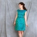 1960's dress Silk satin Brocade FLORAL green and blue Early 60s dress LOVELY M