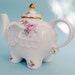 Shabby chic cottage elephant teapot with pink, yellow, blue, and lavender flowers and 22 kt gold