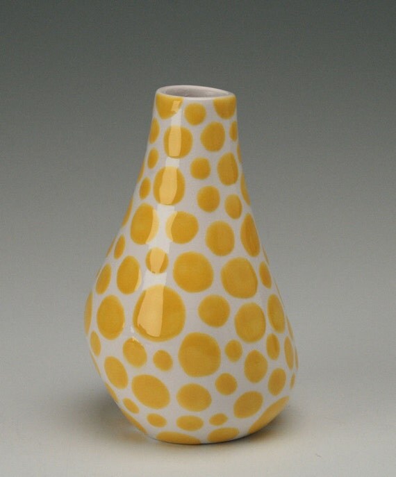 Yellow Polka Dot Vase Hand Painted for Flowers Organic Shape