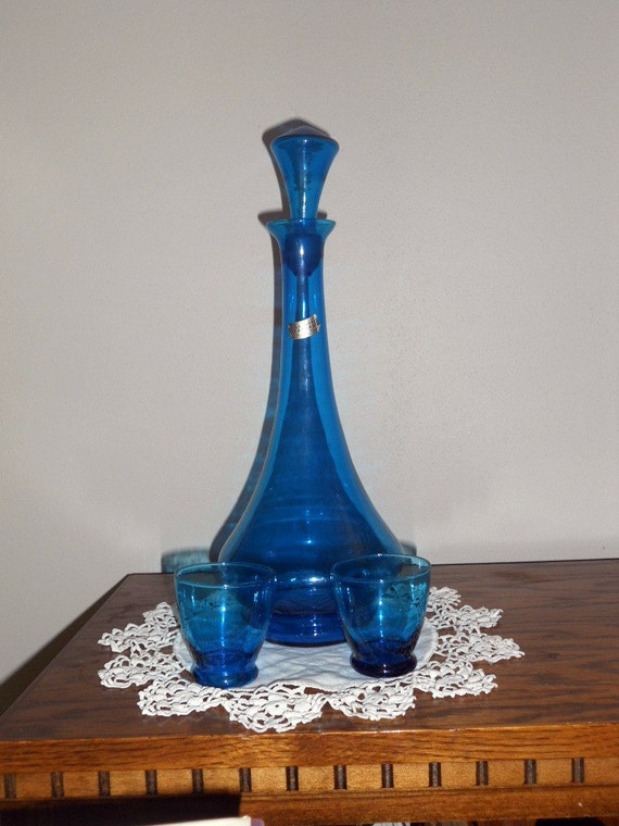 Vintage blue glass Italian decanter and glasses