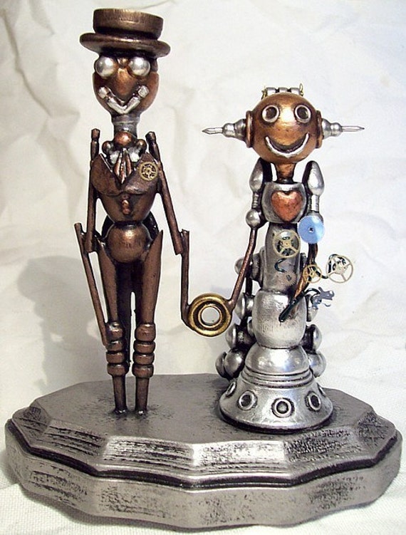 Western Wedding Cake Topper Old Time Bride and Groom Wood Robots Gown with Bustle and Ring by buildersstudio steampunk buy now online