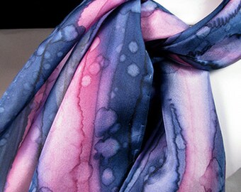Scarf, Hand Painted Silk Scarf, Navy blue, raspberry pink - Navy Raspberry Rain