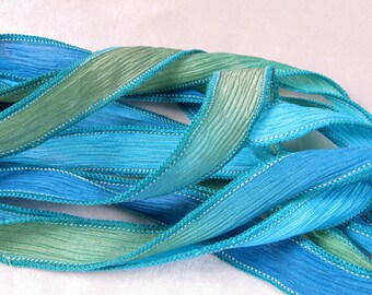 Silk Ribbon, Hand Dyed Silk Ribbons - crinkle ribbon Bracelet, Fairy Ribbon, Boho Wrap - South Pacific