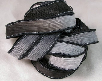 Silk Ribbon - Hand Dyed Silk Ribbon - Wrist Wrap Bracelet, Jewelry Supplies, Quintessence - Black and Grey