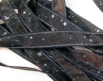 Hand Dyed Silk Ribbons Jewelry - Ribbon bracelet pendant Wrist wrap - Black Silver Sparkle
