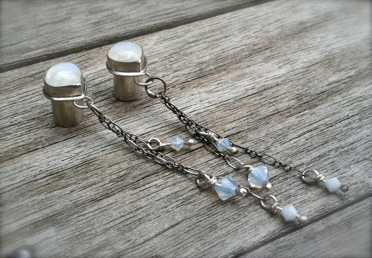 0 Gauge Gypsy Moonstone Silver Plugs