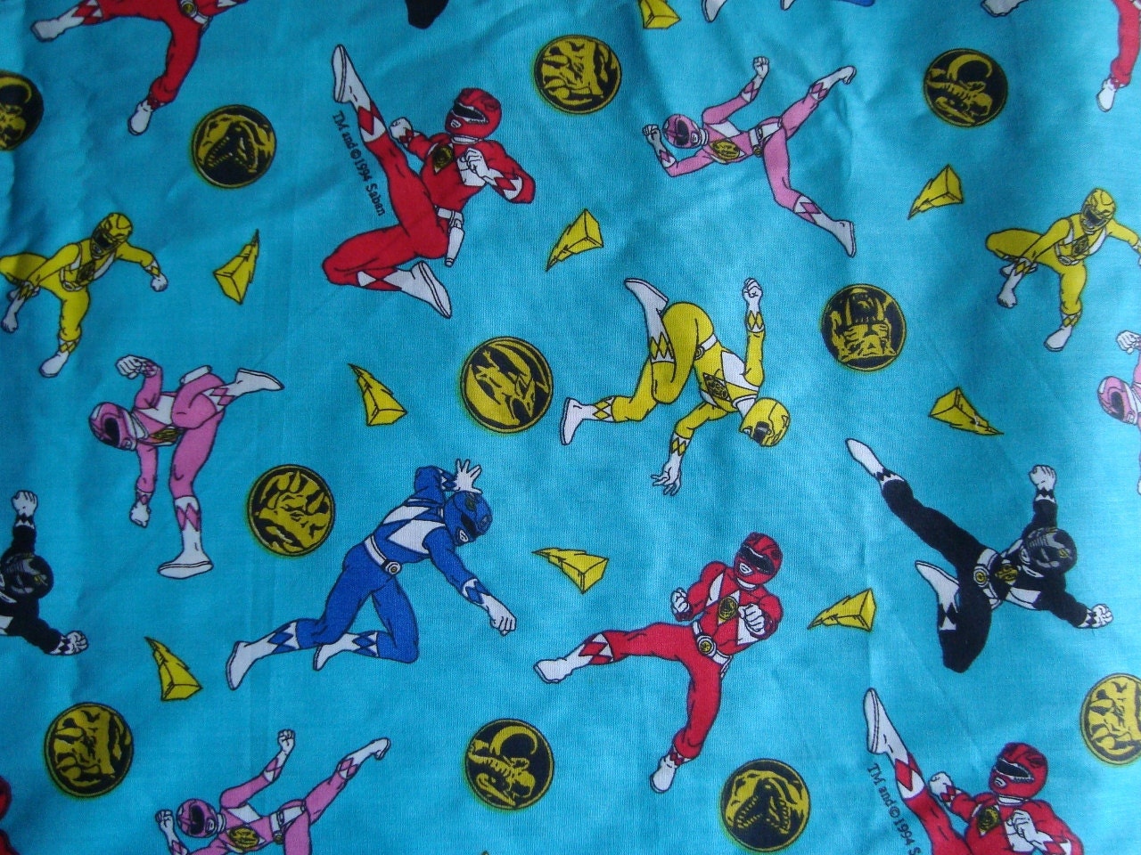 Power Rangers on Turquoise Blue Cotton Fabric..1 Fat Quarter