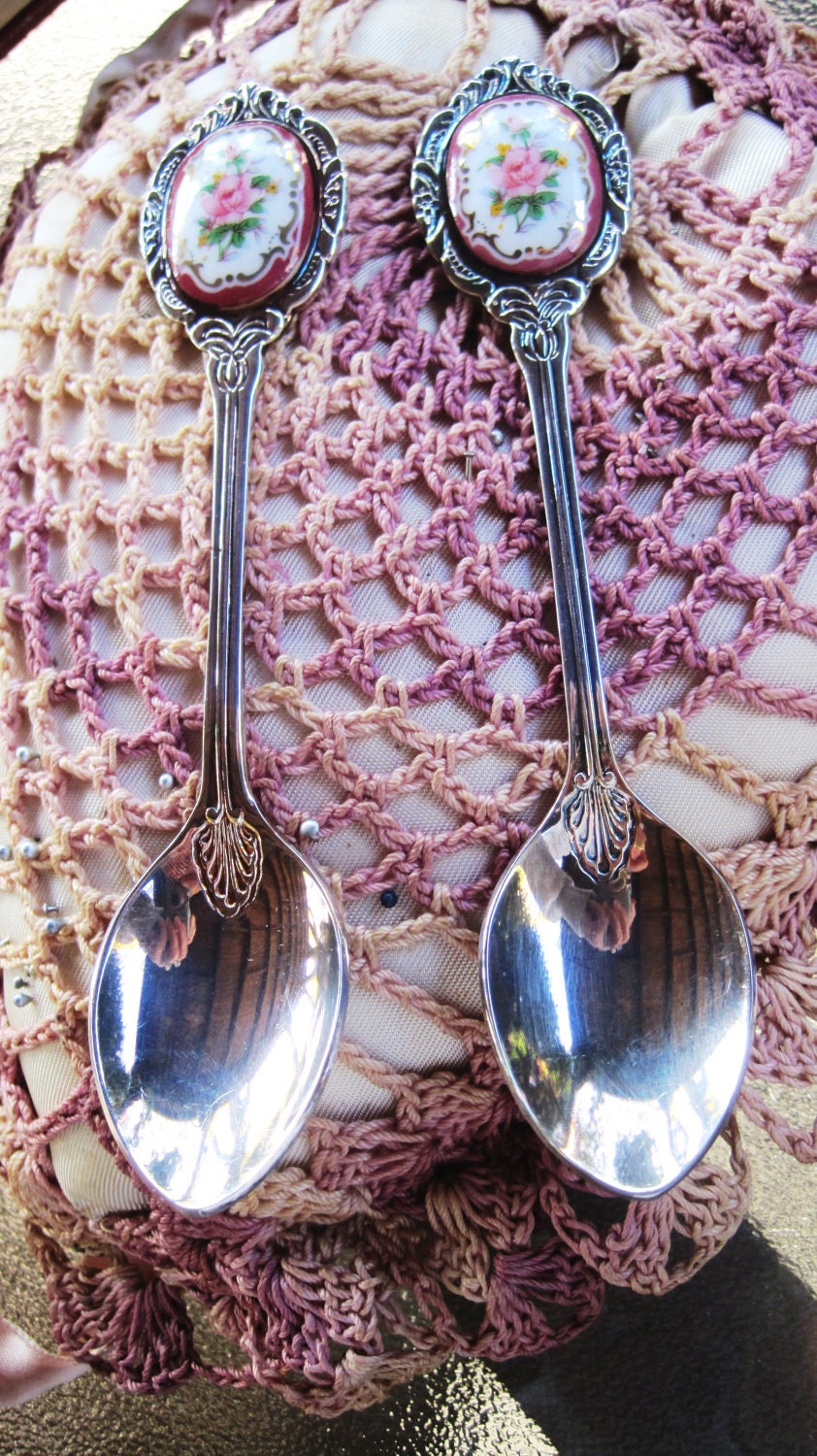Vintage Tea Spoons Decorative Rose Porcelain Cabs Framed in a