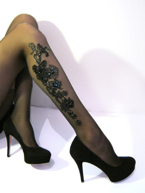 Items Similar To Sexy Floral Lace And Rhinestones Tattoo Tights