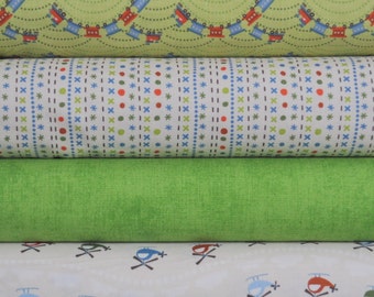 Scoot Green Trains 4 Fat Quarter Bundle by Deena Rutter for Riley Blake, 1 yard total