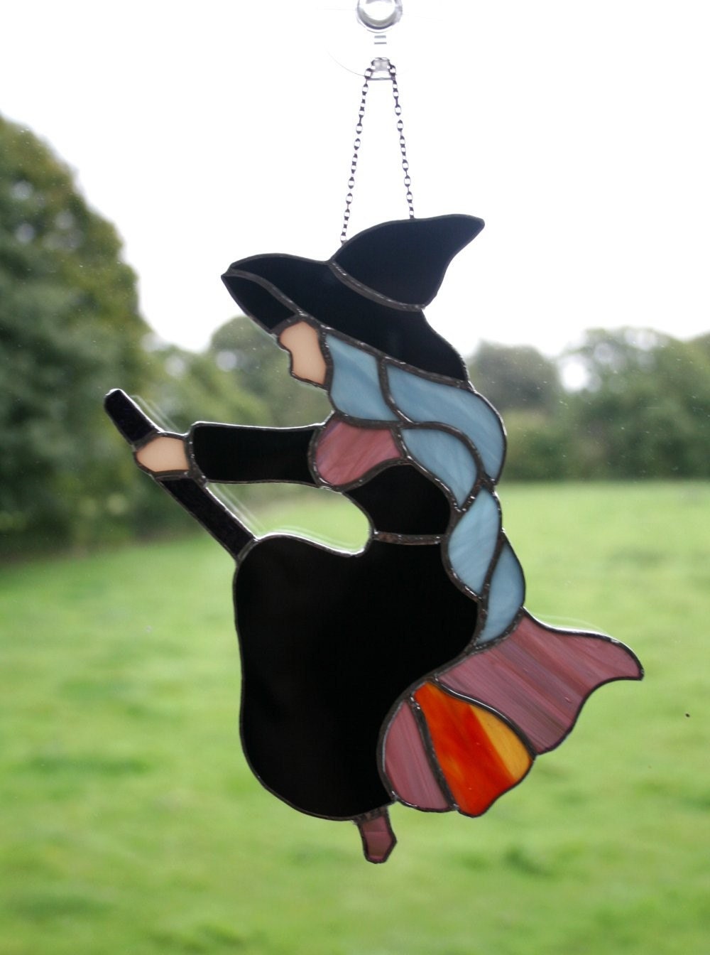 Stained Glass Halloween Witch on a Broomstick Suncatcher Fall