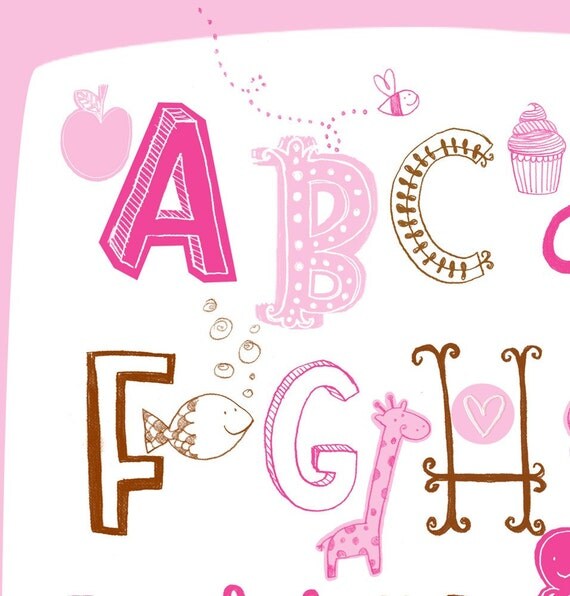 Illustrated Alphabet Wall Art Print Pink Brown