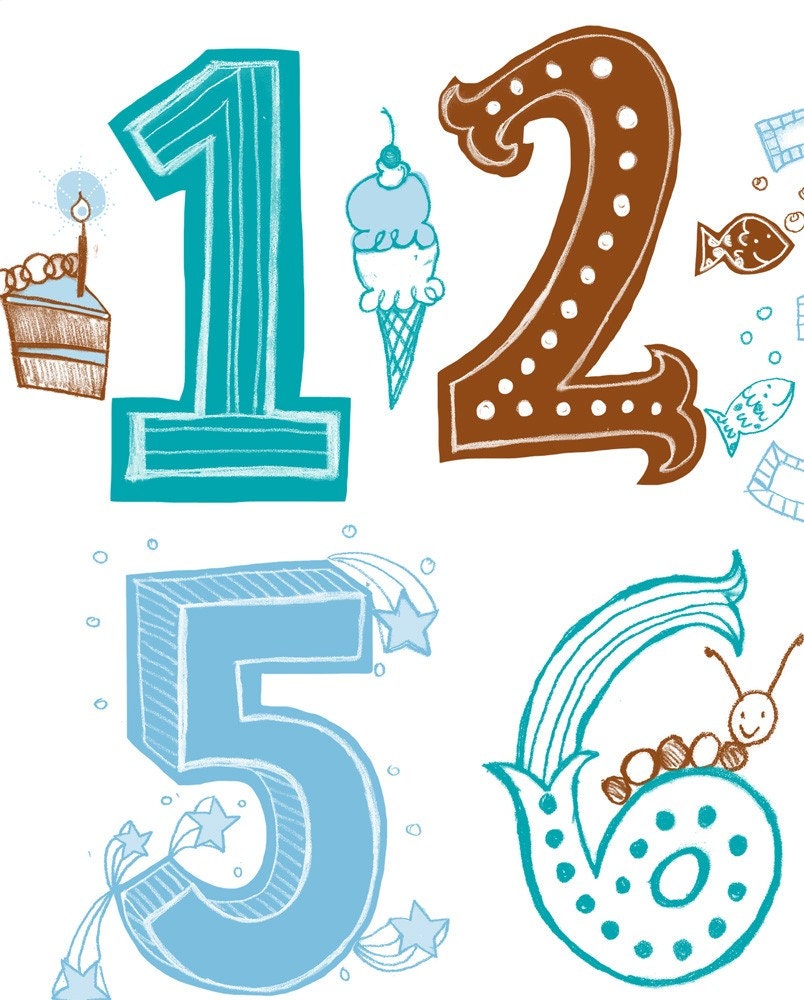 Illustrated Numbers Wall Art Print Count to 10 Blue Brown