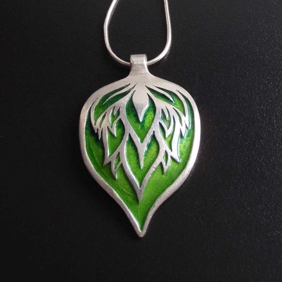 Big silver pendant green leaf enamelled