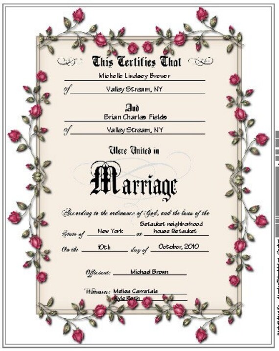 Keepsake Marriage Certificate Personalized or Blank