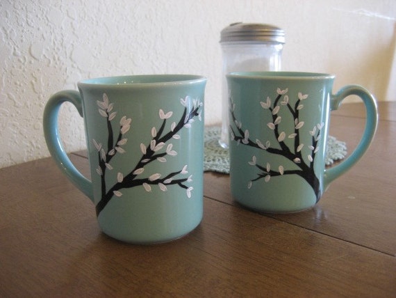 Hand Painted Coffee Mugs With Trees and White Leaves