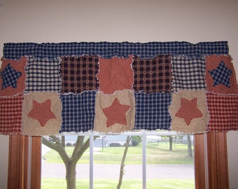 Country Curtain Valance, Frontier Primitive Valance, Rag Quilt Style, Homespun Valance, Star Appliques, Farmhouse Curtains, Handmade in NJ