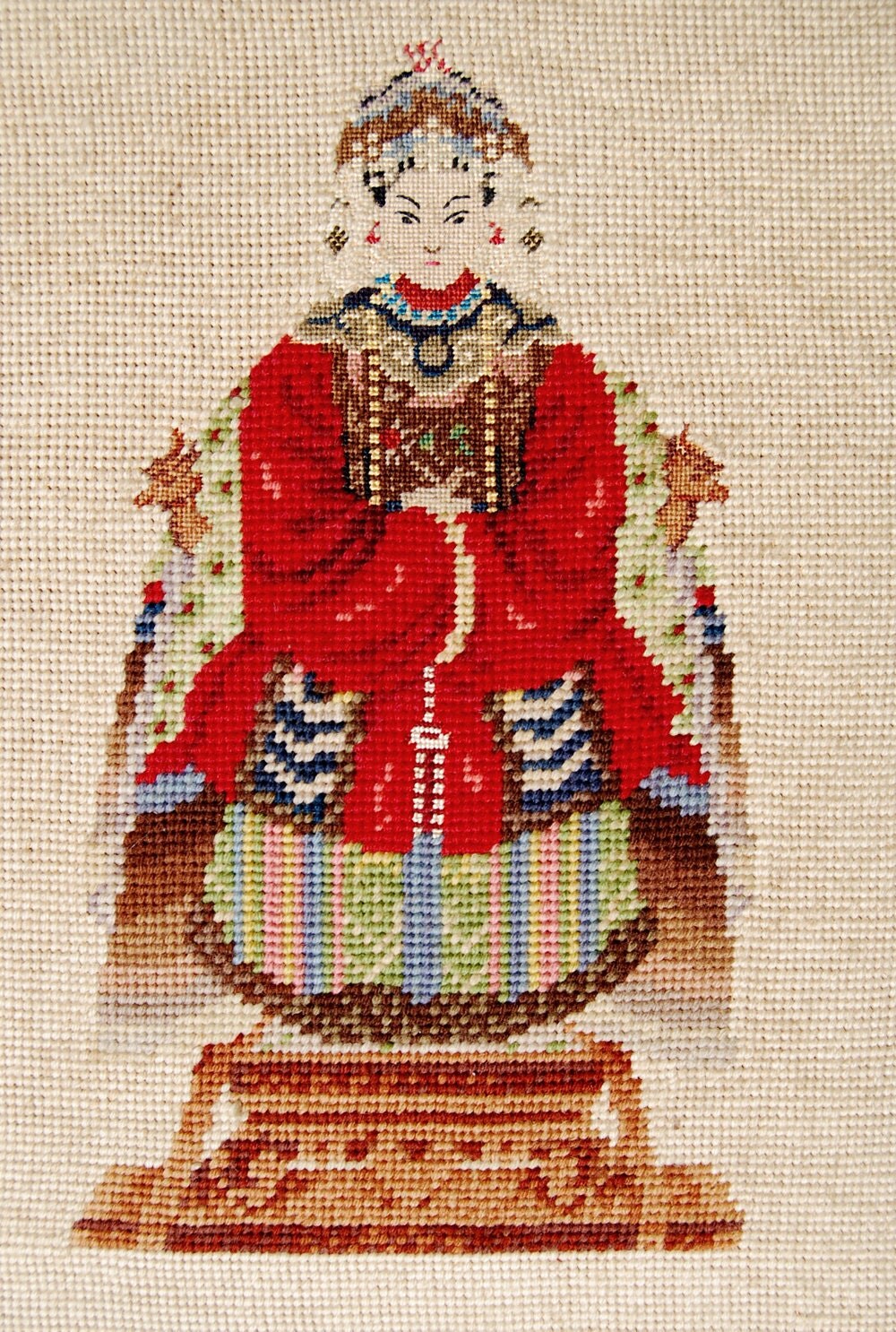 Chinese Emperor Empress Needlepoint Wall Hanging-Wood
