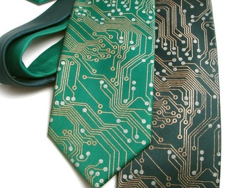 Circuit Board Men's Necktie - Metallic Copper and Silver Ink on Green or Black Necktie