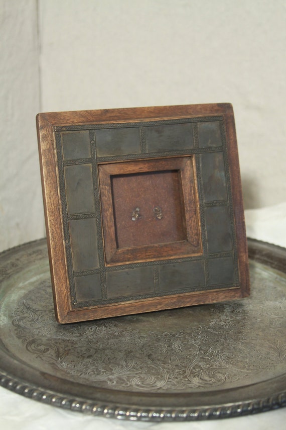 Small picture frame rustic metal and wood mini frame dark