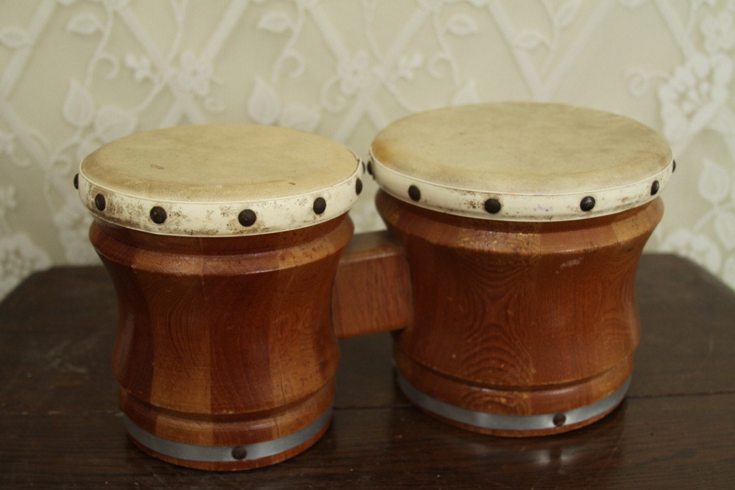 Super awesome BONGO DRUM SET wood and leather drums