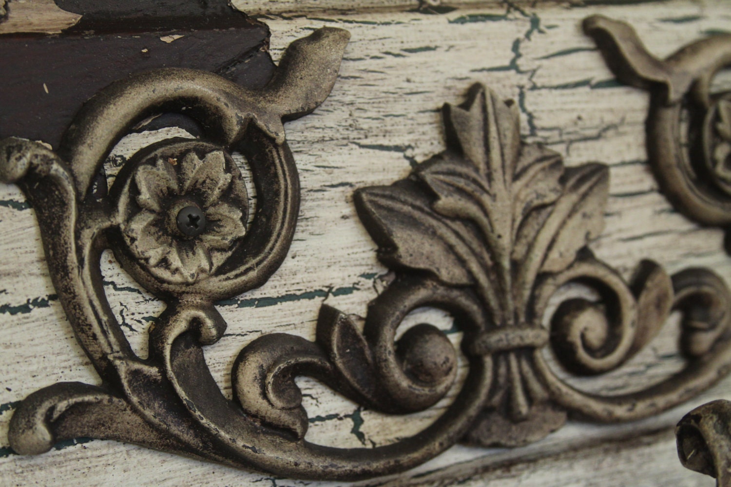 Wall shelf with hooks Antique white crackle finish heavy