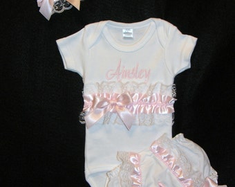 Personalized Onesie, Bloomers & Headband Set Pink, White, Lavender or ...