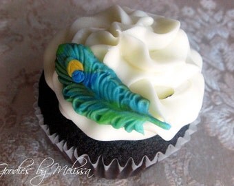 12 fondant peacock feathers (EDIBLE)