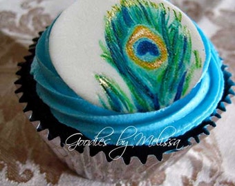 12 fondant hand painted peacock toppers (EDIBLE)