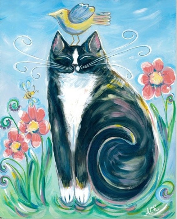 tuxedo cat fine art print 12x18 by IntoTheBluePaintShop on Etsy