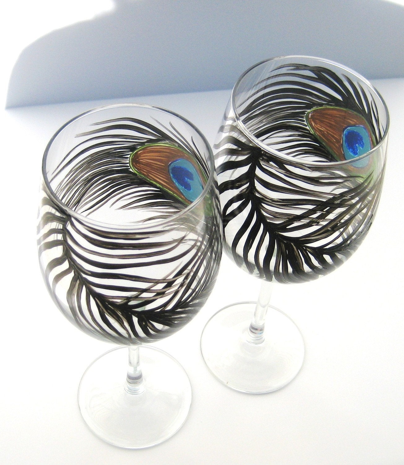 Peacock Feather Hand Painted Wine Glasses