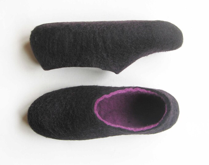 Felted Slippers Black Orchid, Purple Slippers House Violet Shoes, 7 Color Soles Felt Shoes Purple Shoes Wedding, Natural Wool