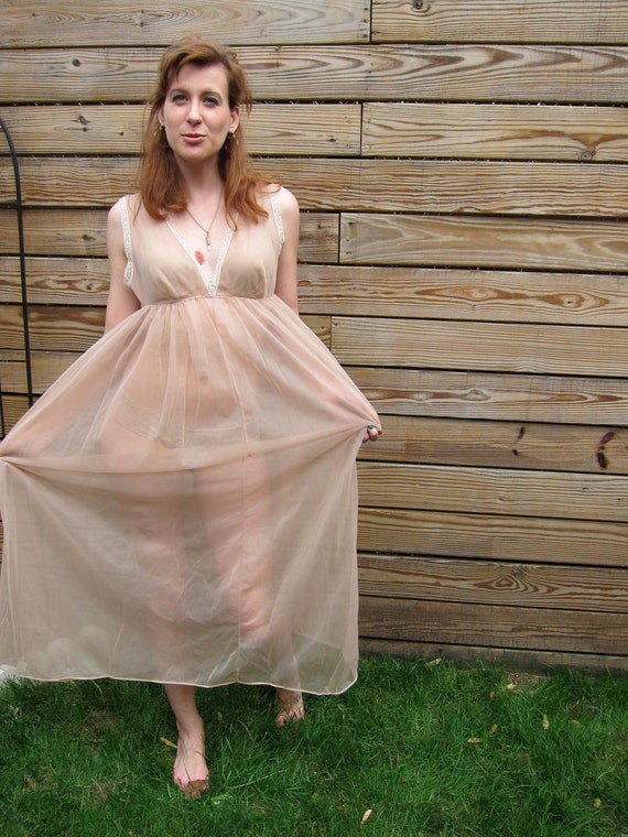 Nightgown nightie sheer nude 1960s maxi pinup gown M medium