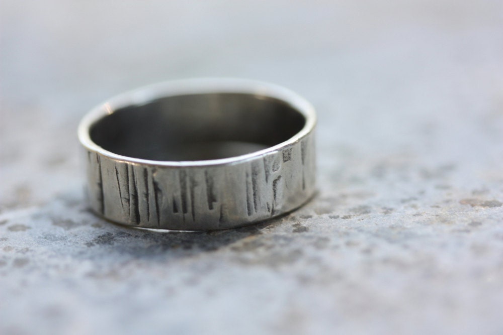 RING Birch Bark Hammered Silver Ring Simple Band Earthy