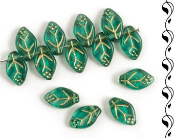 Czech glass leaves 12x7 mm brilliant emerald green, golden inlays 20 pcs