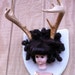 Deer Dolly: Rogue Taxidermy Wall Mount with Brown Eyes and Brunette Banana Curls - Real Deer Antlers & Tooth